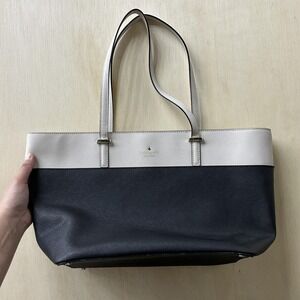 Kate Spade Tote Bag Womens Large Black Beige Leather Zip Top Shoulder Purse